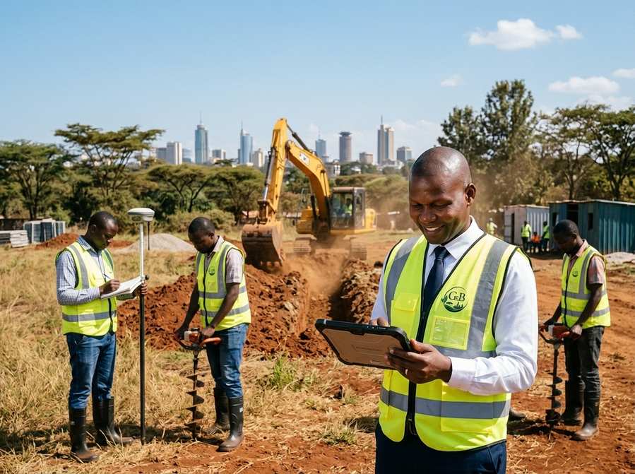 G&B Environmental Consultancy conducting a site inspection near an excavator at a construction project in Nairobi, Kenya
