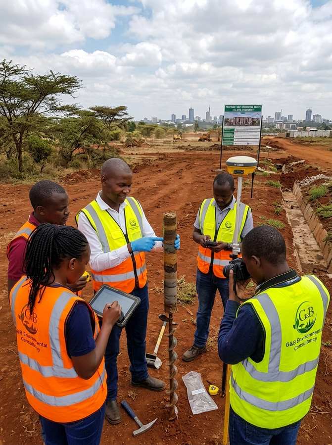 G&B Environmental Consultancy soil sampling team at a construction site during an environmental impact assessment in Kenya