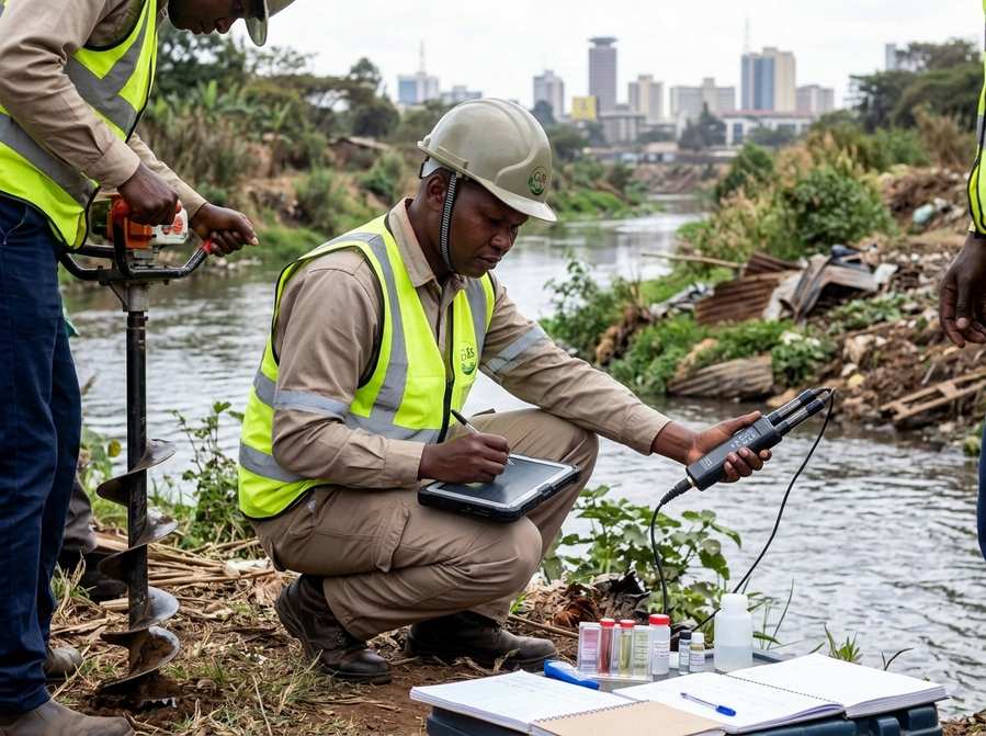 G&B Environmental Consultancy conducting water quality testing by a river during an environmental impact assessment in Kenya