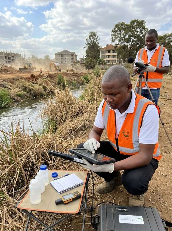 G&B environmental team collecting water samples beside a construction site during an environmental impact assessment in Kenya