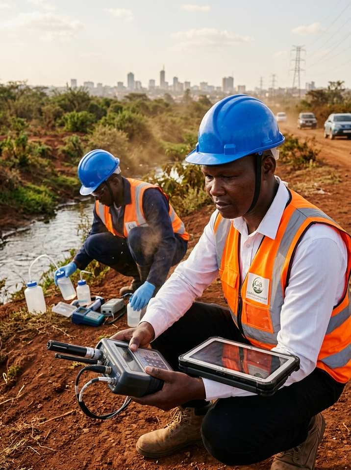 G&B Environmental Consultancy conducting water testing with the Nairobi skyline in the background, Kenya